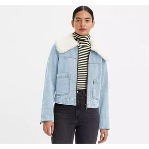 Levi's Retro Sherpa Trucker Jacket Womens XS Premium Denim Jean Zip Y2K